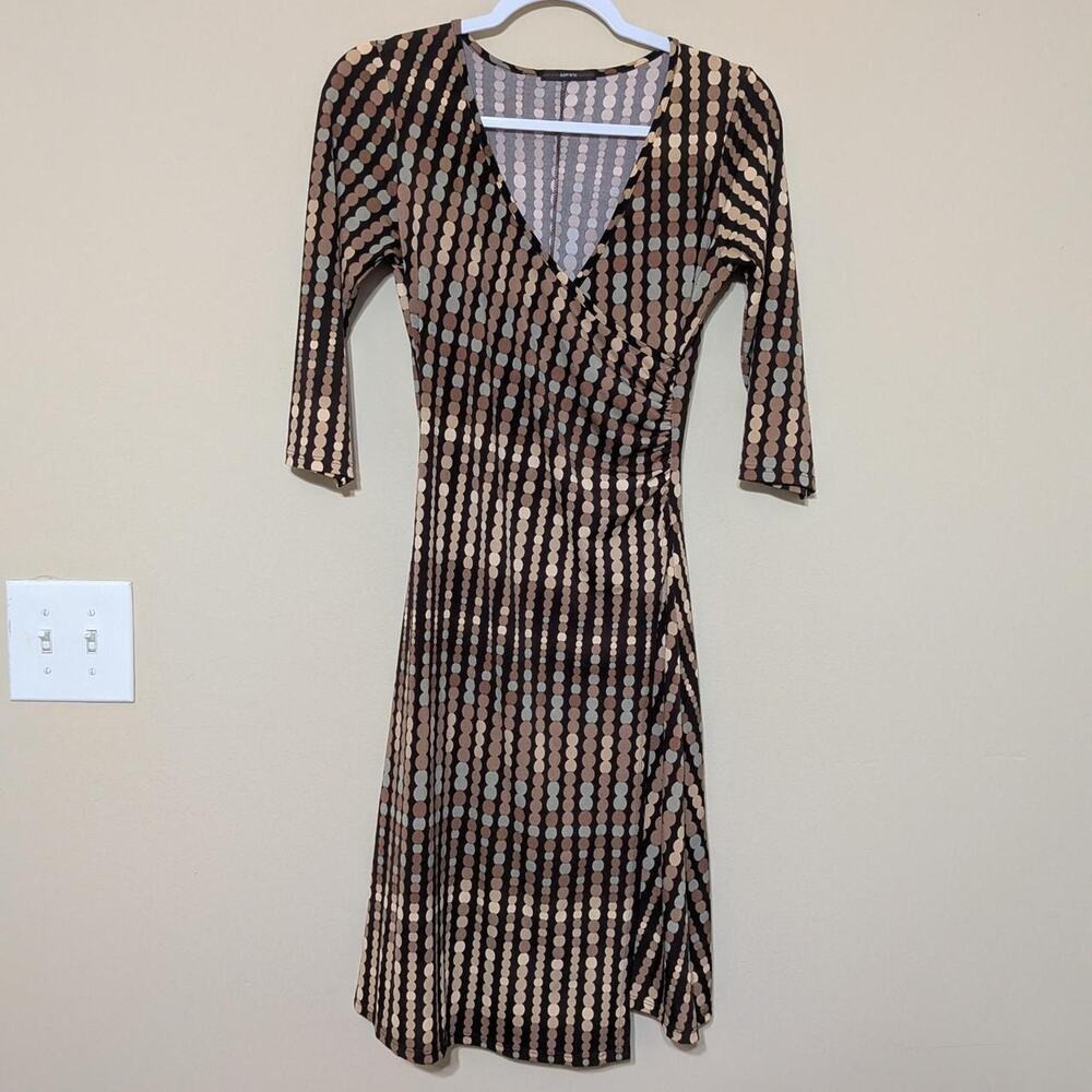 Soprano Brown And Beige 90s Style Geometric Polka Dot Wrap Midi Dress
